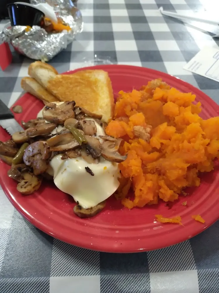 Hamburger Steak with Mushrooms Cheese &Baked Sweet Potato